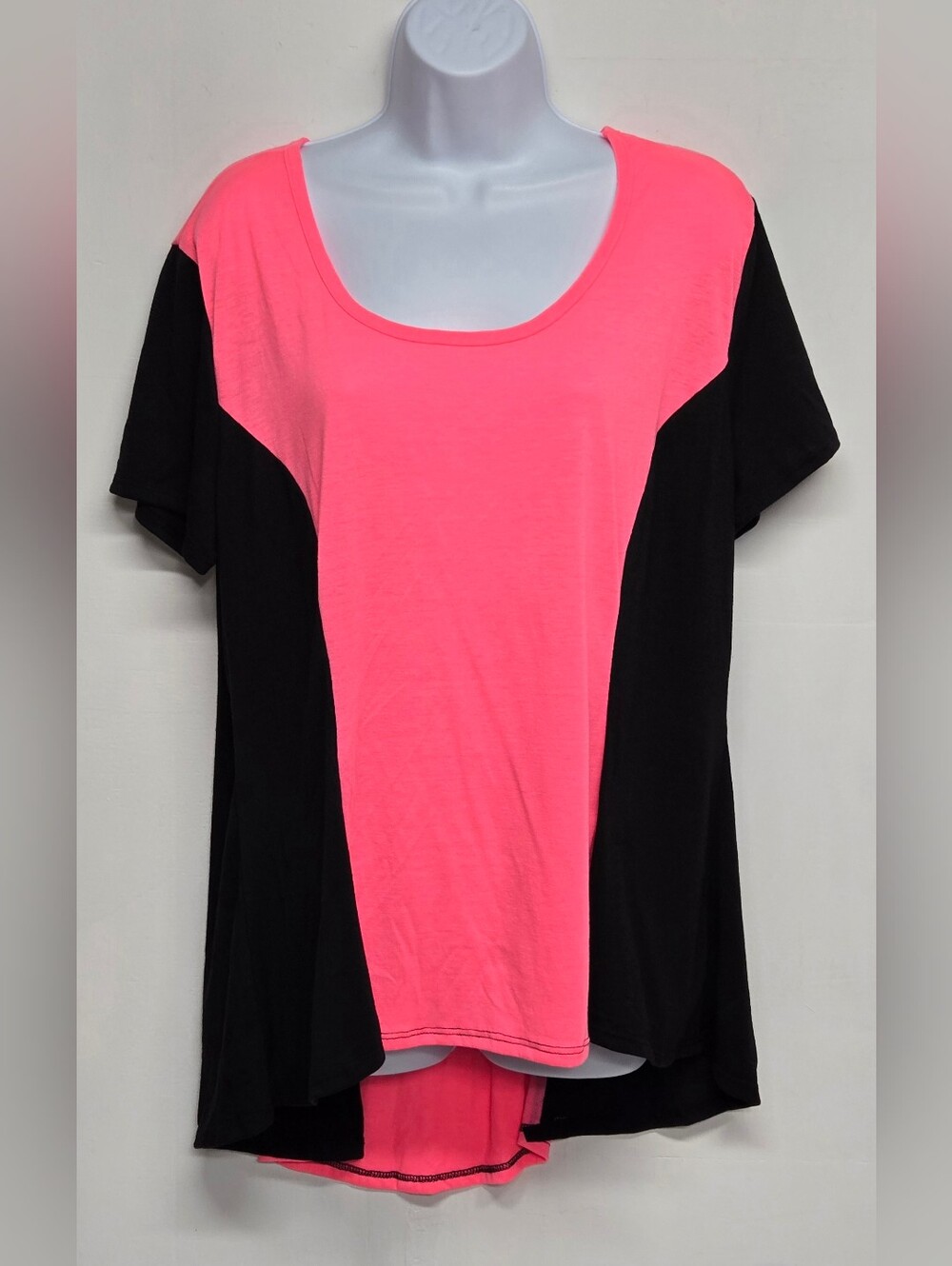 Caren Sport 2X Slinky Stretch Knit Top Neon Pink Black High Low Vintage